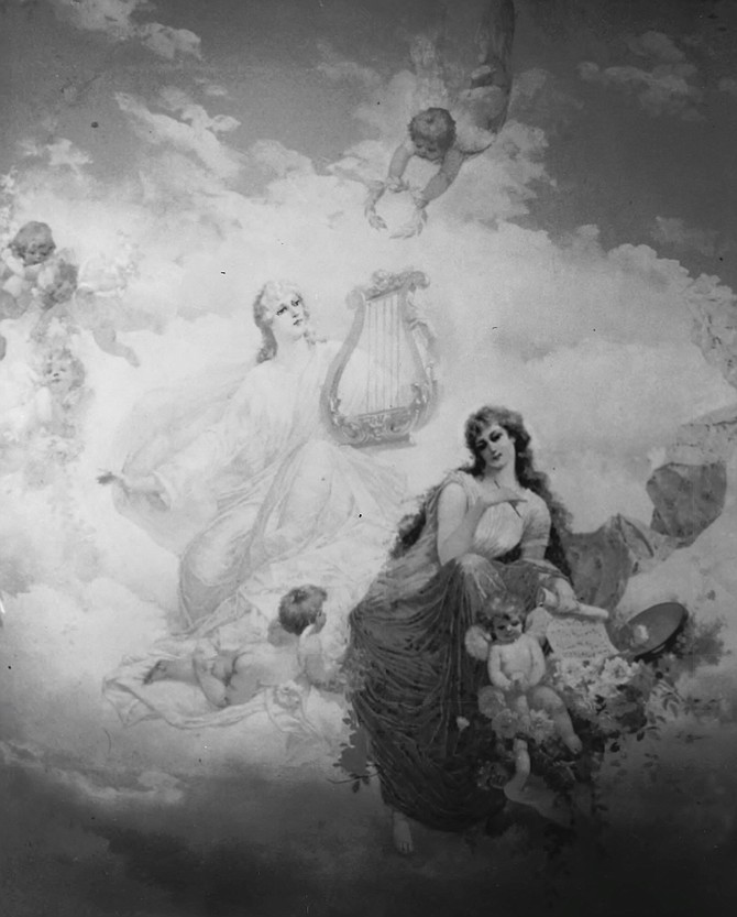 The ceiling shows Euterpe, the muse of music, with fifteen winged cherubs playing different musical instruments. (1962)