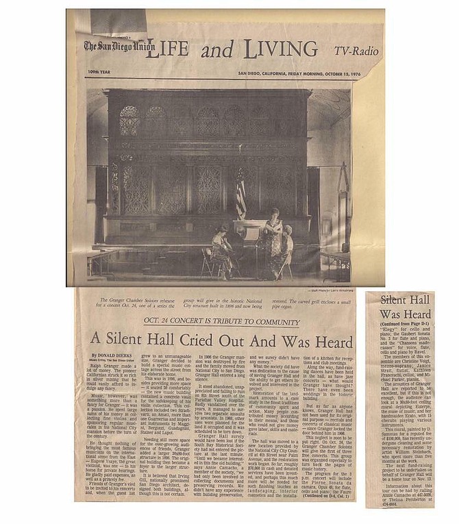 The San Diego Union Tribune reported in 1976 that while the music hall hadn't been used for its original purpose - recitals and classical music concerts - since Granger locked its doors in 1906. In 1976, the recitals resumed. 