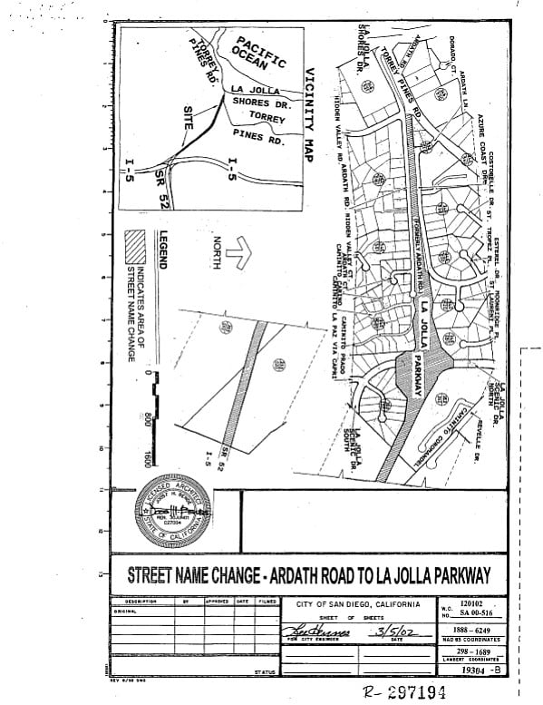 In 1968, a four-lane connector road from Interstate 5 was constructed adjacent to the existing residential Ardath Road - it was also named Ardath Road. The latter was renamed La Jolla Parkway in 2002.