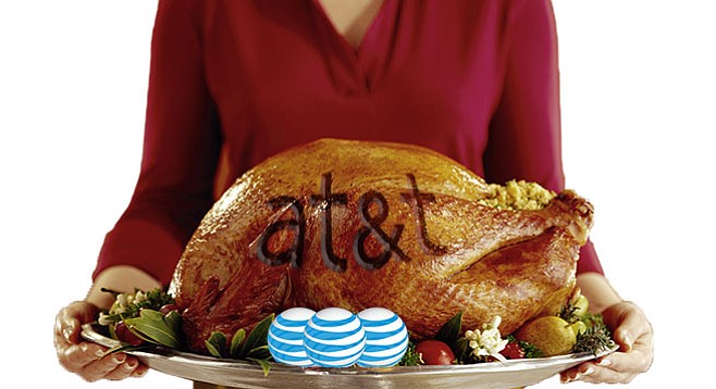 Katherine Stuart does the shilling for her husband’s turkey giveaway: “I have to mention [AT&T] because they’re our sponsor and they have been amazing to work with.”