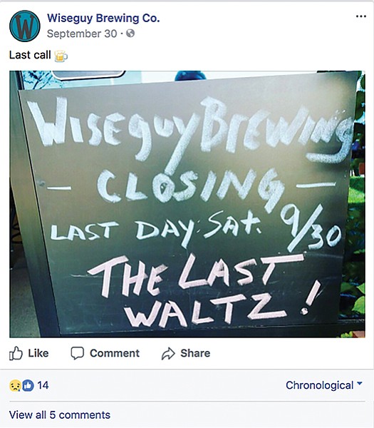 Facebook post announcing Wiseguy’s closure