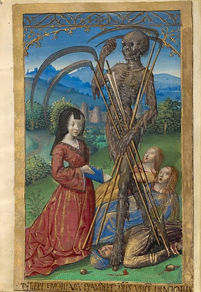Book of Hours for Denise Poncher.  One blade curls around Denise’s head like a dreadful lure.