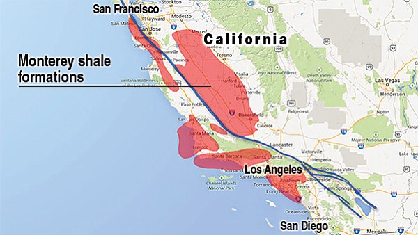 Monterey Shale Formation zigzags from Northern California to L.A. but misses San Diego