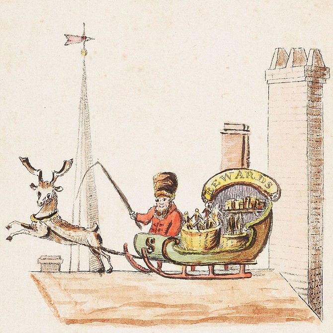 This illustration, from 1821, is the first known depiction of Santa Claus being pulled by a reindeer.