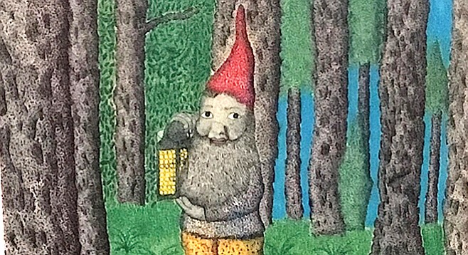 Detail from Santiago's Del Mar Gnome in an English Forest. "That's him," says Tresha Souza.