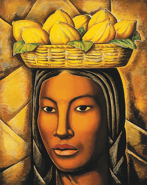 La India, by Ramos Martinez. A sculptural, mineralized peasant woman carrying a basket of mangos on her head.