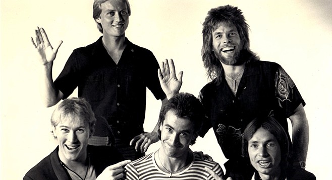 Bratz! Shaffer and Butler (front center, front right); no lesser Bratz (left to right): Lee Knight (bass, front left), Keith Loveland (keys, back row),  Paul Nichols (drums, with mullet)