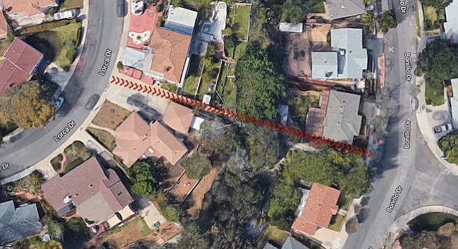 Red arrows indicate the catwalk that leads from Lorca Drive to Bonillo Drive