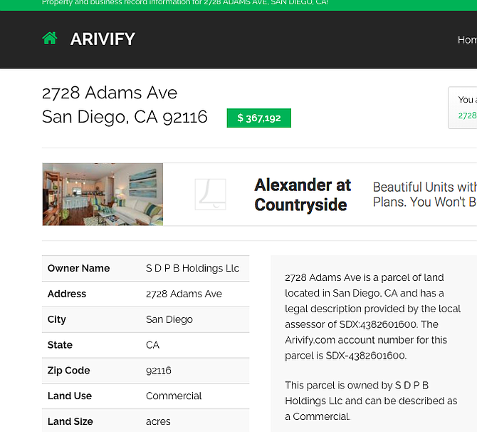 SDPB Holdings is listed as owner of the same Adams Avenue address given for SQFT, LLC