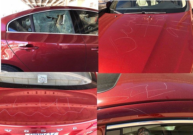 On the morning of the meeting, one local found her car with a smashed out window, slashed tire, and "slut," "Jesus" and a swastika keyed all over her car