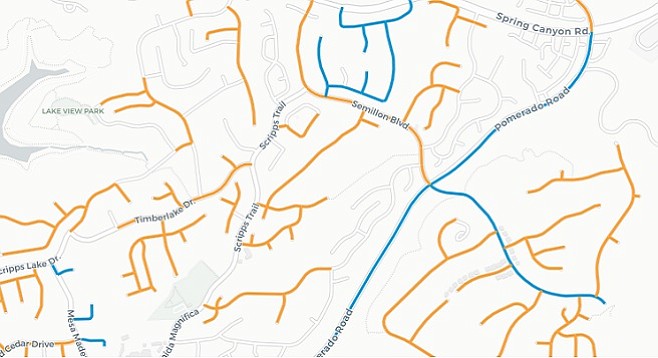 Numerous streets surrounding Scripps Trail (highlighted in orange and blue) have been repaired in recent years