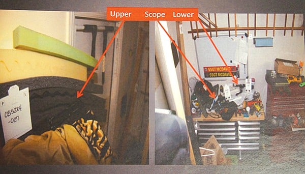 This evidence photo shows where the parts of McDavid’s rifle were found in his garage.