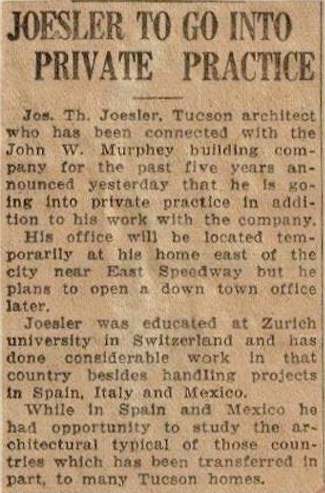 1932 clipping from Arizona touting Joesler's Spanish-style architecture.