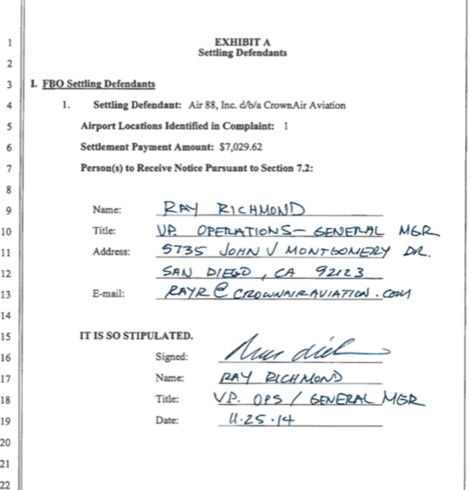 CrownAir was sued in 2011 for violating Proposition 65 (toxic enforcement act). The lawsuit stated selling Avgas exposed those nearby to lead without first warning them. As part of the settlement, CrownAir was required to post warning signs. 