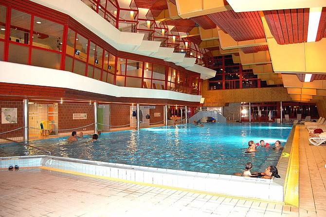 An indoor thermal pool at the extensive Leukerbad-Therme complex.