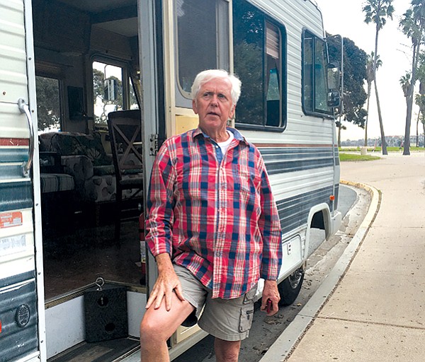 Jim St. Laurens parks his RV at Mission Beach a few days a week, but he heads home in the early evening when the “east side guys” start coming around.