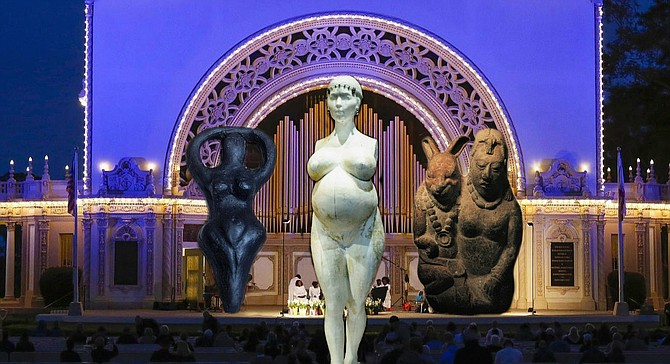 Prior to the rites, worshippers paid homage to fertility symbols from various cultures, from ancient Sumeria to the more modern Cult of Celebrity. The central statue was a super-sized (but still perfectly proportional) rendition of LA artist Daniel Edwards’ statue of pregnant Kim Kardashian. After disrobing and prostrating herself before the statue of Oester and her Rabbit Consort (right), 54-year-old North Park resident Elaine Pagan granted that she “usually likes her Easter Bunnies on the cuter, more cuddly side, but I guess when you start celebrating leporine breeding capacity, you’re dealing more with a wild hare up your…well.”