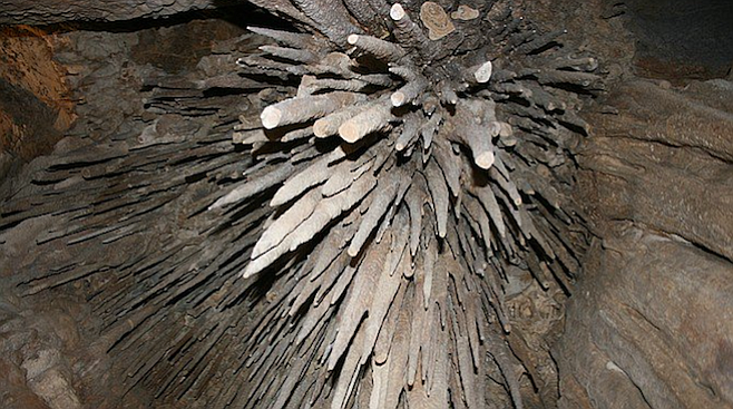Burst of stalactites (the ones that grow down from the roof) in the Mojave Desert's Mitchell Caverns.