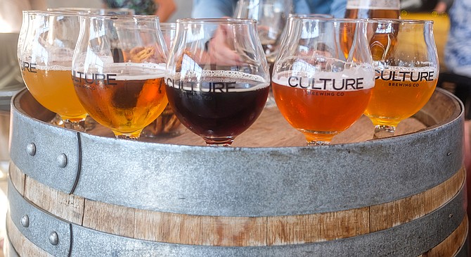 Left to right: hoppy wheat, blond ale, brown ale, tart cherry wit, and Mosaic IPA at the Culture Brewing Co. taproom, Encinitas.