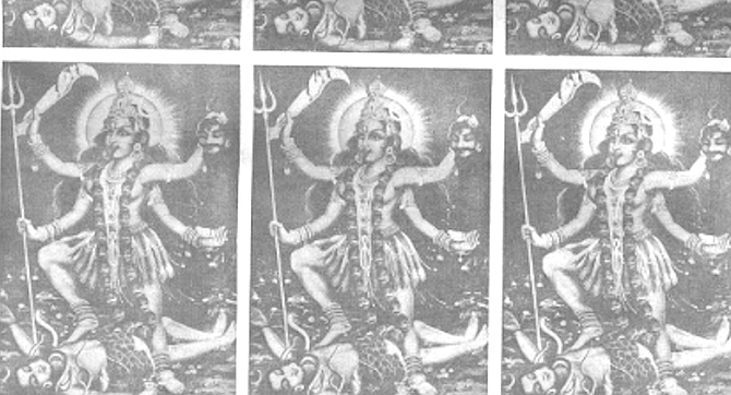 Kali unwittingly steps on Shiva's chest.