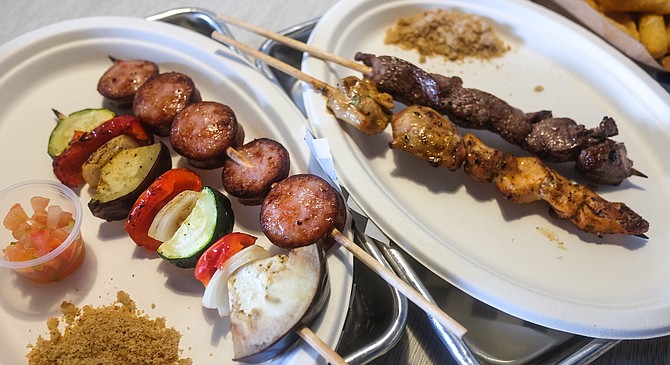 Left to right: vegan, sausage, chicken, and picanha skewers.