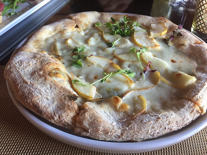 Pear and gorgonzola pizza with 36-hour fermented dough