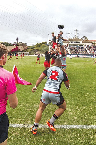 Line out — similar to a soccer throw in, but each team hoists one of its players high above their own shoulders. 