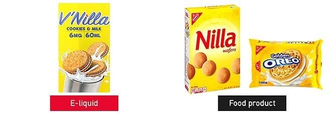 The FDA is concerned about the e-liquid on the left being found by a child on a kitchen counter and being mistaken for the cookies on the right. 