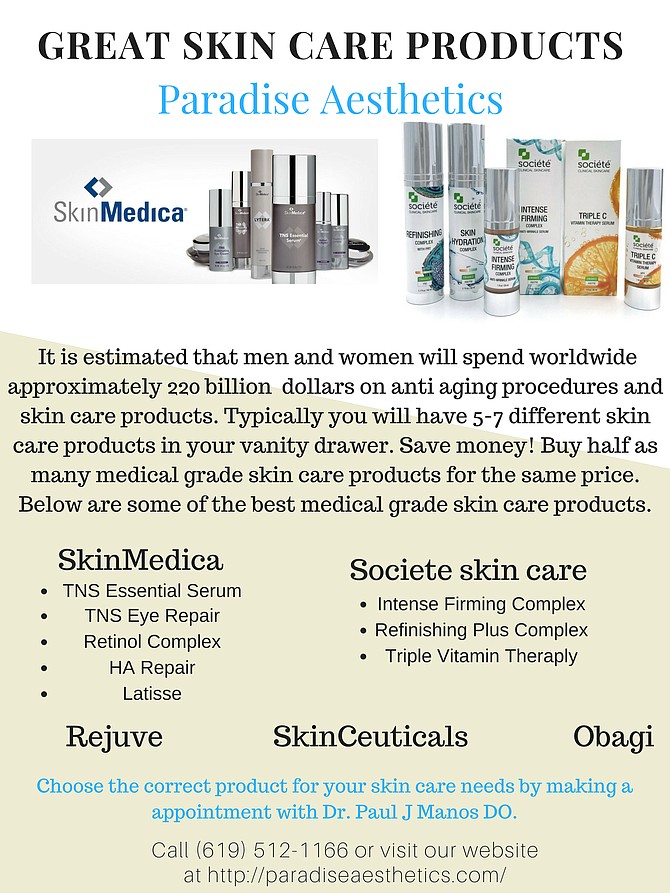Great skin care products call to make your appointment with Dr. Paul J Manos 619-512-1166