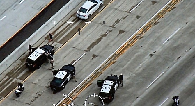 San Diego Police helicopter captured this image of Hyundai (top) at end of chase.