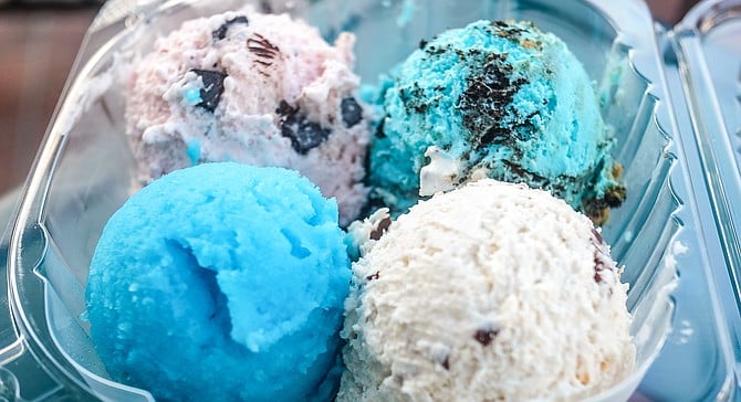 Clockwise from top: strawberry with chocolate chunks, Cookie Munster, Me So Hungry, blue raspberry ice.