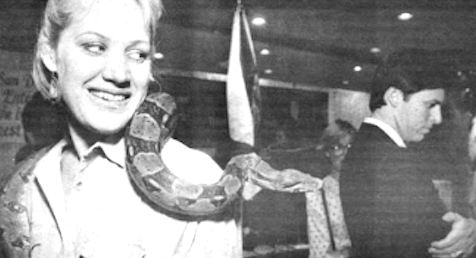 ConVis had hired the Zoo’s ‘‘goodwill ambassador,” Joan Embery, to transport a boa constrictor to this space six stories above Times Square. - Image by David Covey