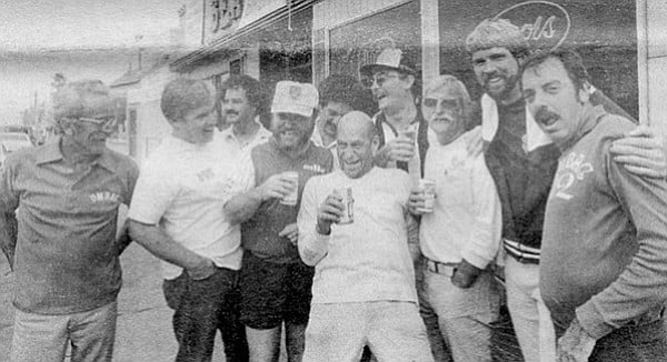 A 1979 photo of Members of OMBAC next to the pennant bar, their unofficial clubhouse