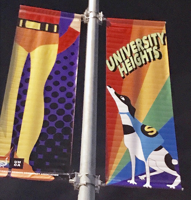 Pride / Comic-Con Street Banners #4 University Heights, San Diego. 
Designed these street banners celebrating both San Diego Pride and Comic-Con since they are back to back events. My dogs as super heroes along with neighbor's cat as villain. 