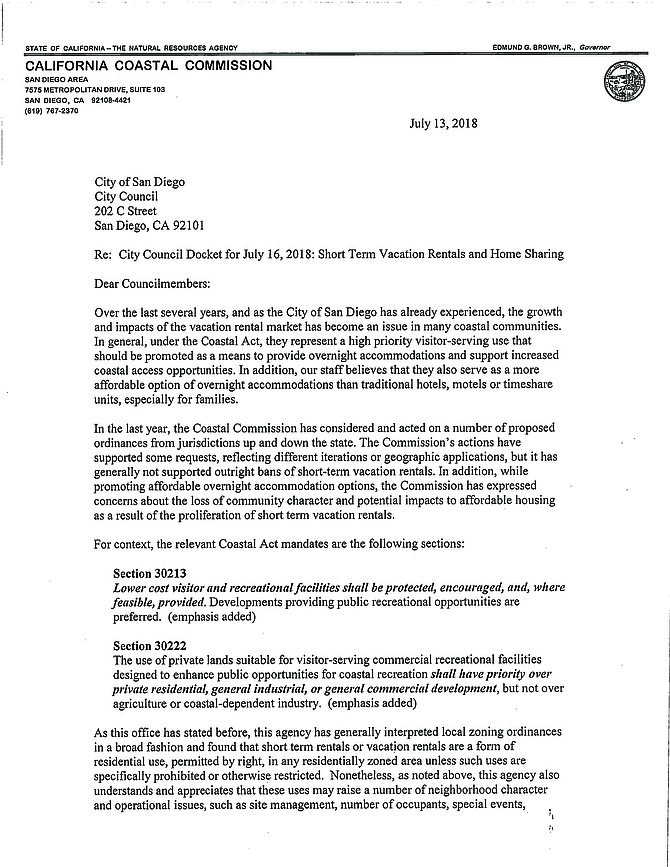 Page 1 of CA Coastal Commission letter to city, sent out July 13 (Friday). 