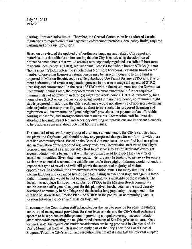 Page 2 of CA Coastal Commission letter to city, sent out July 13 (Friday). 