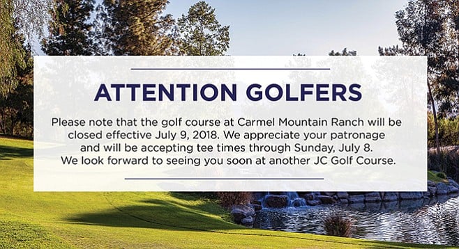 Carmel Mountain Ranch Golf Course note of July 9, 2018, closure