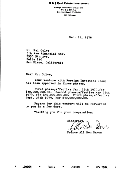 Prince Ali letter, December, 1978