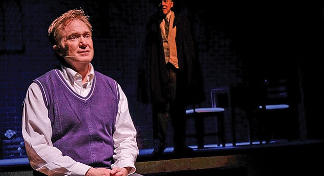 Alfie Byrne (played by Barron Henzel) heeding the words of Oscar Wilde (played by Ralph Johnson) in A Man of No Importance at Coronado Playhouse.