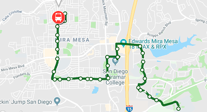 Bus route 964 between Alliant University in Scripps Ranch and Miramar College transit center