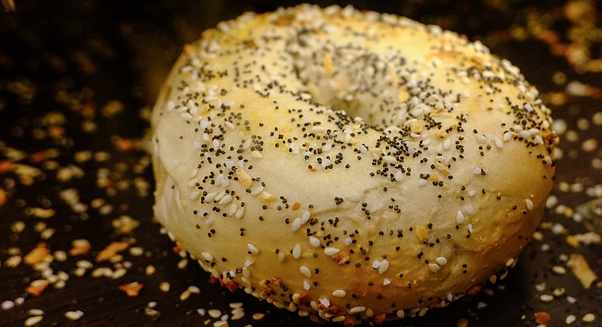 An everything bagel, boiled then baked at 500 degrees.