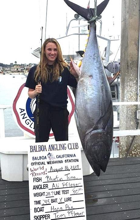 Ali Pfleger caught 211 pound, 11 ounce bluefin on 30-pound test line.
