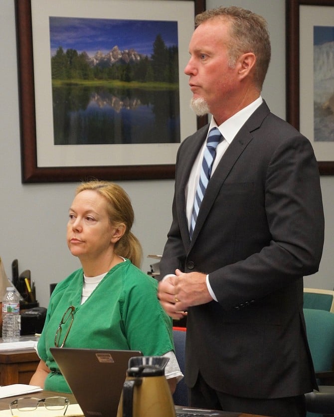 Julie Harper w her new atty Brian Dooley in court this morning, Aug 22 2018. Photo by Eva Knott.