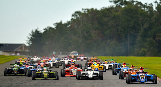 Start of round 12 of this year’s F4 series, at the New Jersey Motor Sports Park in September. Dickerson’s in the white No. 9 car near the front