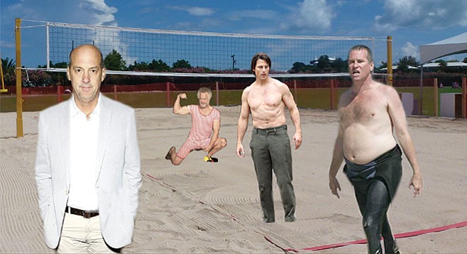 “Let’s do this!” A lumpy but still fit Tom Cruise (Maverick) urges fellow returning stars Anthony Edwards (Goose), Rick Rossovich (Slider), and Val Kilmer (Iceman) to recapture the energy and excitement of their famous beach volleyball game from 1986. (See below.) “Tony, I know you didn’t take your shirt off last time, but at least lose the jacket! Rick, you look even better than I do from the neck down, but the brillo-hair and bathing costume aren’t going to help us with the 18-24 demo, and probably not any other demo, either. Val…let’s talk.” Filming of the scene had to be shut down after Edwards protested that his character died in the original, but resumed when Cruise reminded him that nothing is ever truly dead while it is still profitable.