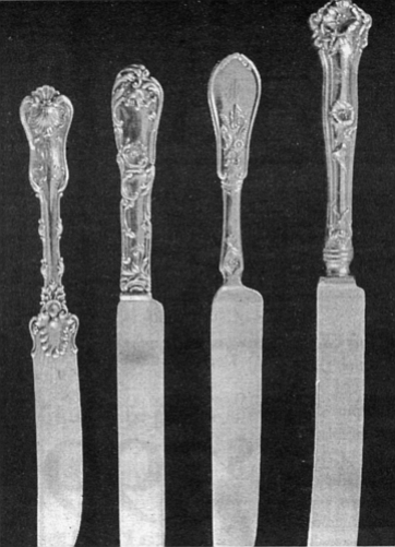 From left: tea knife, Imperial Queen by Whiting, c.1893; tea knife, Hanover by Gorham, c.1895; coin silver tea knife, Bouquet by Durgin, c.1860; dinner knife, Morning Glory by Alvin, c.1909