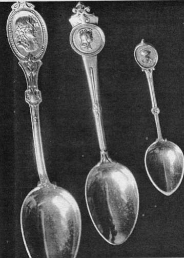 Medallion spoons: soup spoon by Hotchkiss & Schreuder, c.1870; teaspoon by Gorham, c.1864; demitasse spoon by Wendt, c.1862