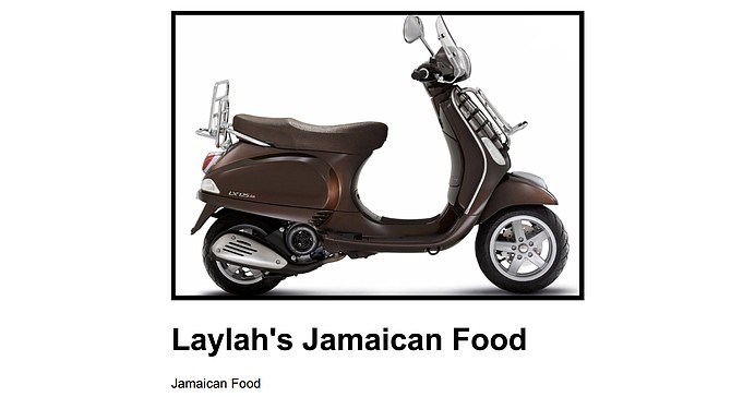 A vintage scooter photo backs Scoootr's claim it delivers to Laylah's Jamaican Food. It does not.