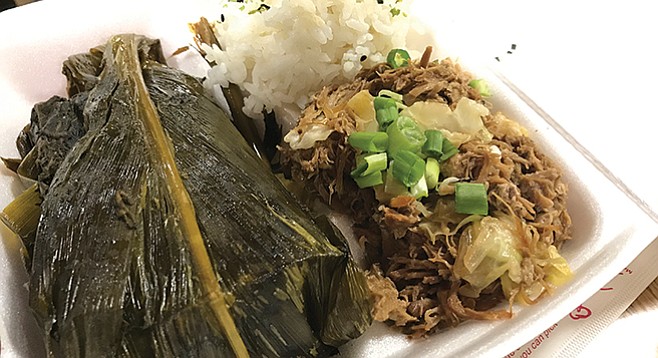 Kama’aina plate. Rice, Kalua pork, and wrapped in cabbage palm, laulau