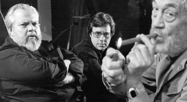 Orson Welles, Peter Bogdanovich, and John Huston on the set of the finally completed The Other Side of the Wind.